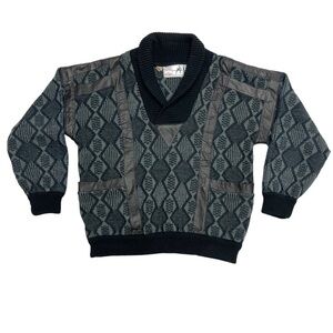 Vintage Grandpa knitted sweater grey black size M leather diamonds pattern